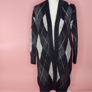 Black Cardigan Sweater Marled Womens Small‎ Argyle Open Front Duster